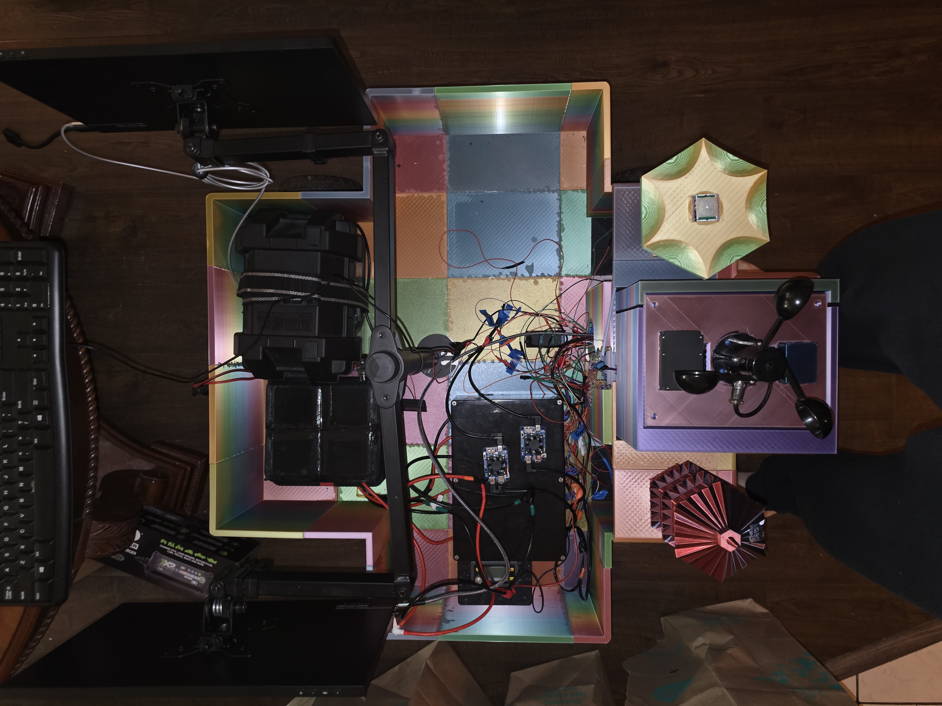 Top-down view of the robot's internals: battery, motor drivers, and wiring