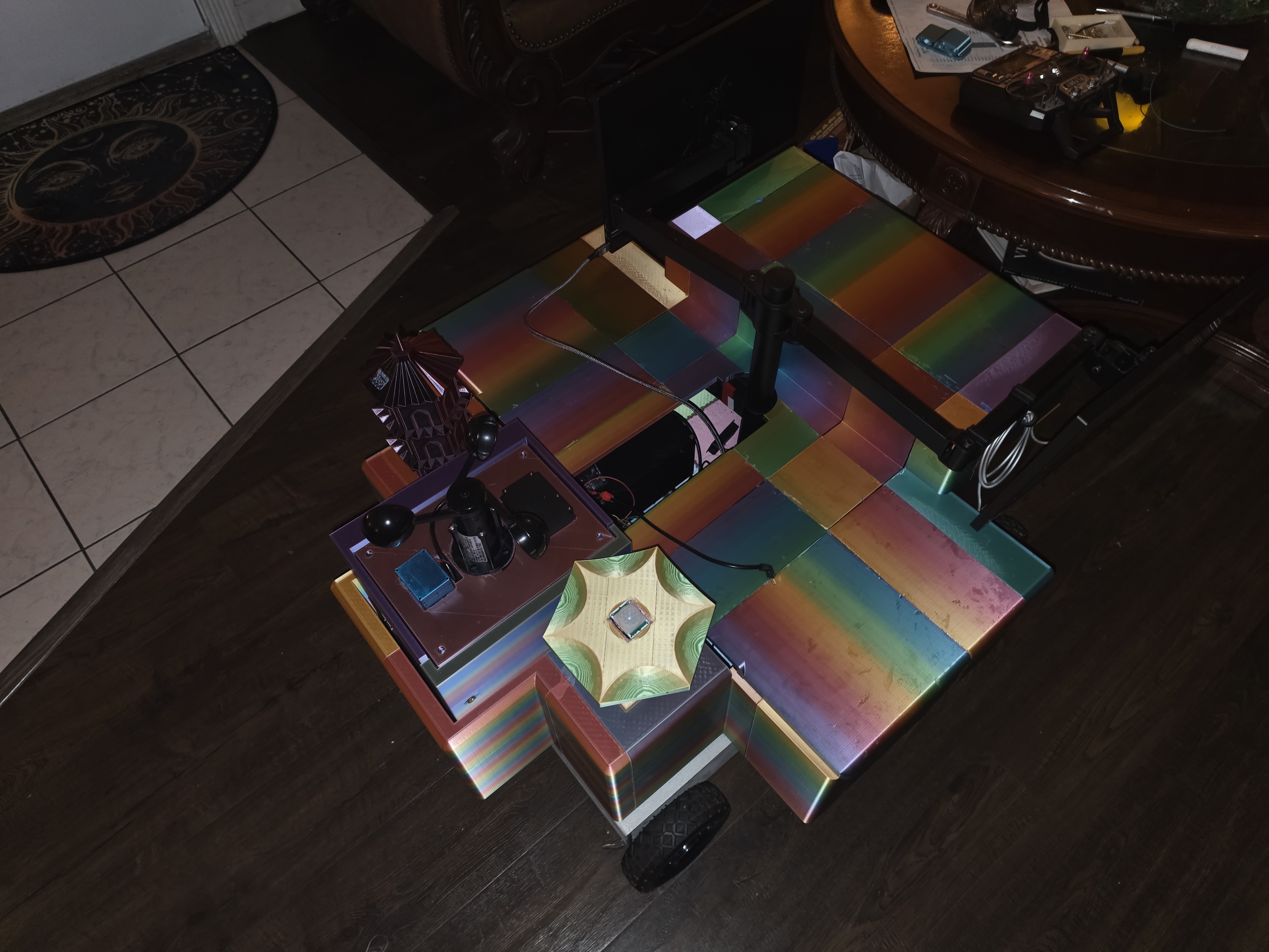 Evening view of the RumPi robot showing the motion sensor mount