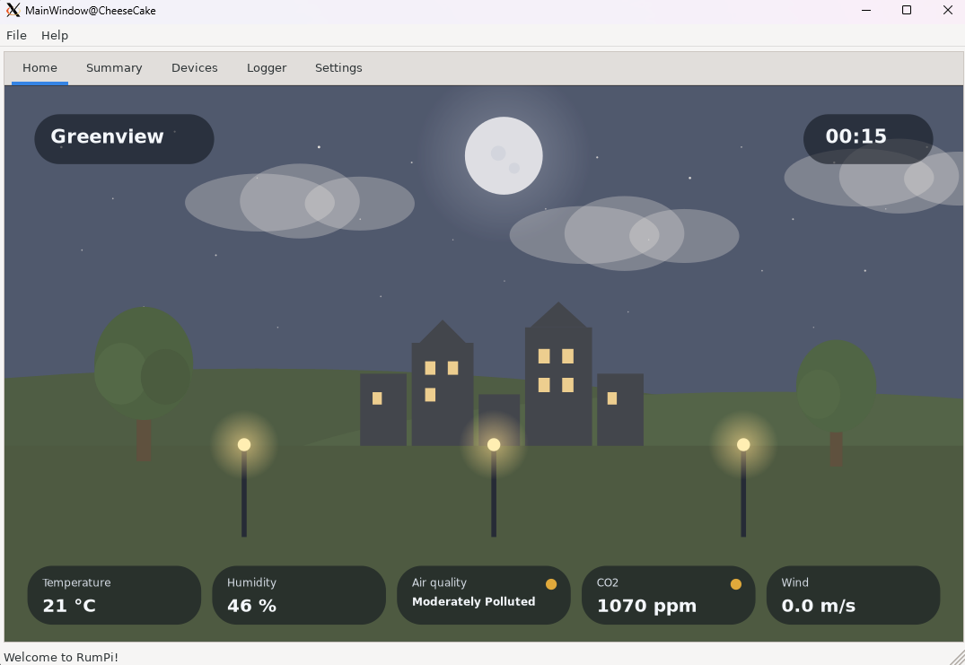 The RumPi Linux Client dashboard showing a night scene with live readings
